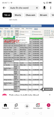 Image: A Vietnamese user working in Word. In the image, the user is using the AutoFit feature. This demonstrates that many users find this feature useful.